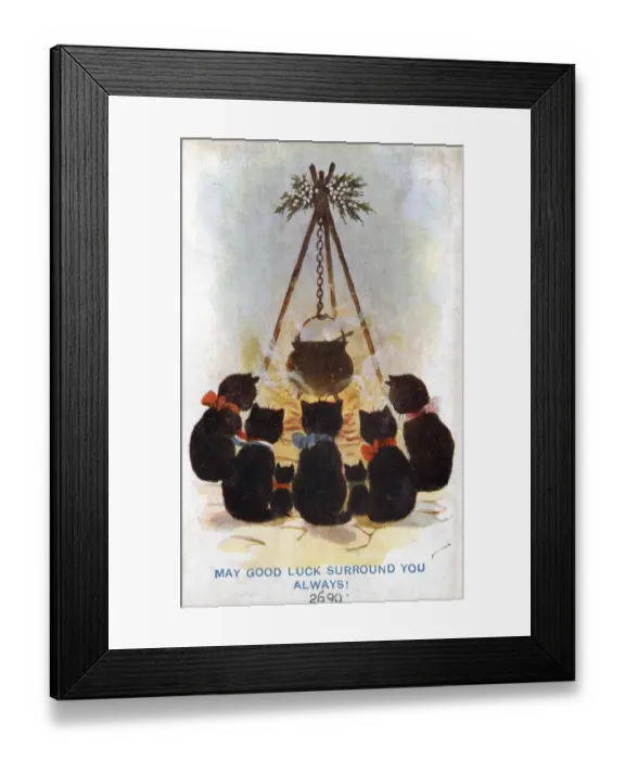 Framed Print : Comic postcard, Five black cats on a Good Luck card, sitting round a cooking pot Date Framed Print : Comic postcard, Five black cats on a Good Luck card, sitting round a cooking pot Date