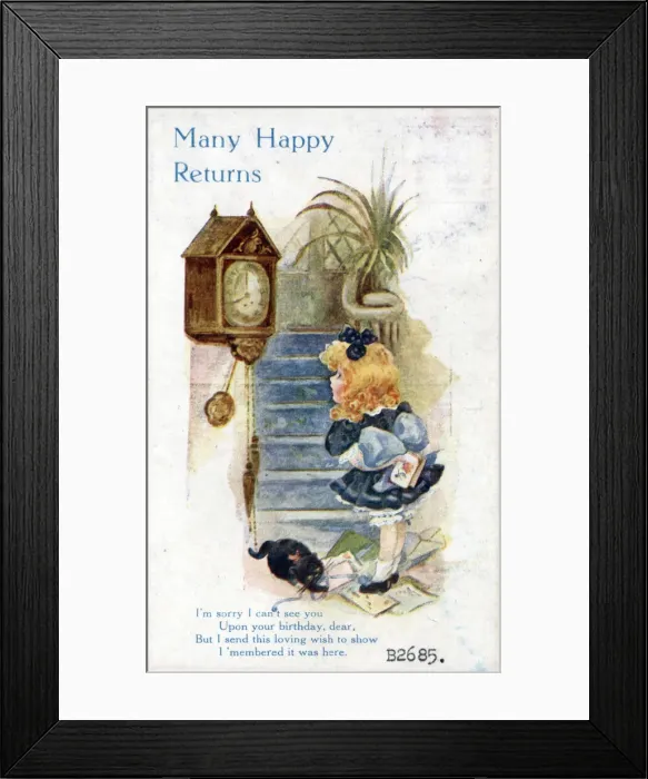 Framed Print : Little girl with black cat on a birthday postcard Date: circa 1918 Framed Print : Little girl with black cat on a birthday postcard Date: circa 1918