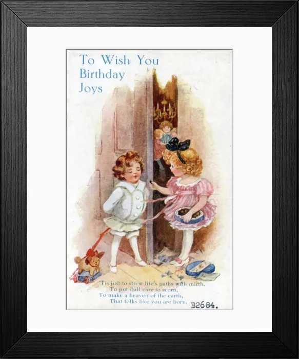 Framed Print : Children on a birthday postcard Date: circa 1918 Framed Print : Children on a birthday postcard Date: circa 1918