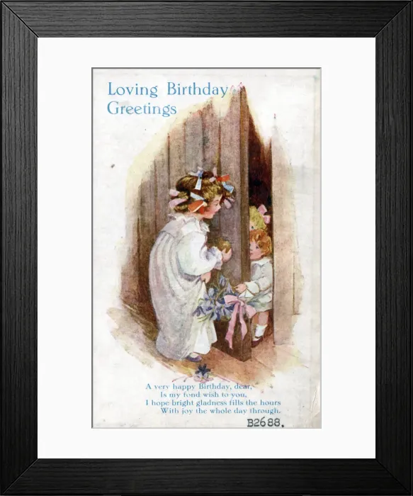 Framed Print : Little girl with younger siblings on a birthday postcard Date: circa 1918 Framed Print : Little girl with younger siblings on a birthday postcard Date: circa 1918