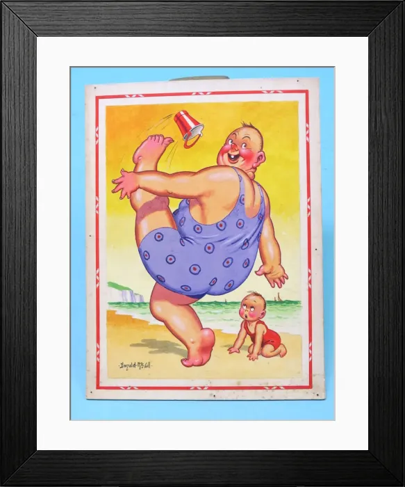 Framed Print : Comic postcard, Plump man on the beach Framed Print : Comic postcard, Plump man on the beach