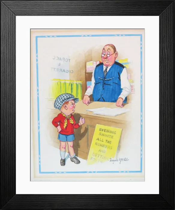 Framed Print : Comic postcard, Little boy and shopkeeper Framed Print : Comic postcard, Little boy and shopkeeper