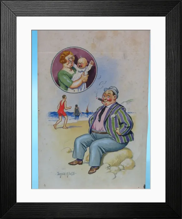 Framed Print : Comic postcard, Plump man on the beach Framed Print : Comic postcard, Plump man on the beach