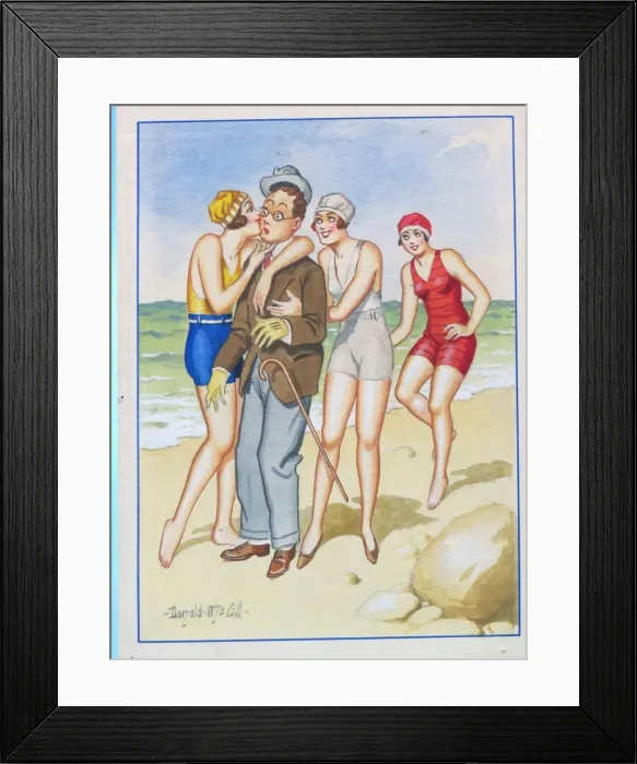 Framed Print : Comic postcard, Shy man with pretty women on the beach Framed Print : Comic postcard, Shy man with pretty women on the beach