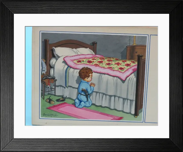 Framed Print : Comic postcard, Little boy praying Framed Print : Comic postcard, Little boy praying