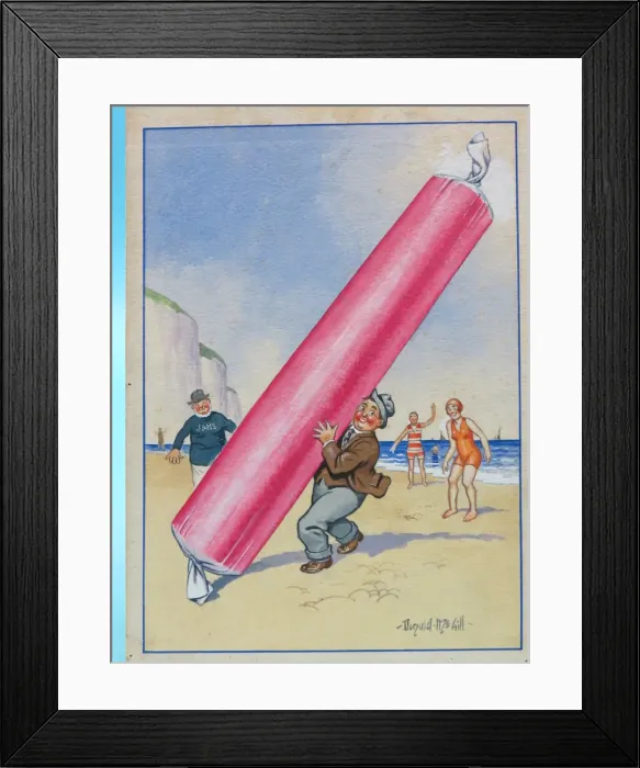 Framed Print : Comic postcard, Man on the beach with stick of rock Framed Print : Comic postcard, Man on the beach with stick of rock