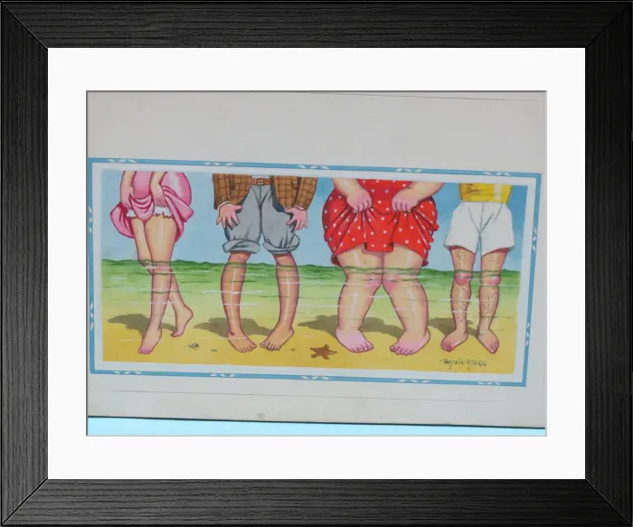 Framed Print : Comic postcard, Four pairs of legs paddling in the sea Framed Print : Comic postcard, Four pairs of legs paddling in the sea