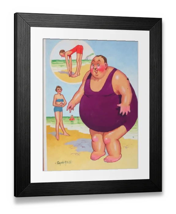 Framed Print : Comic postcard, Plump man on the beach. When I came down here I could touch my toes Framed Print : Comic postcard, Plump man on the beach. When I came down here I could touch my toes