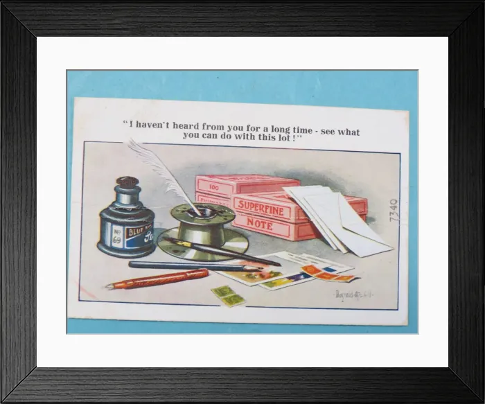 Framed Print : Comic postcard, Writing materials Framed Print : Comic postcard, Writing materials