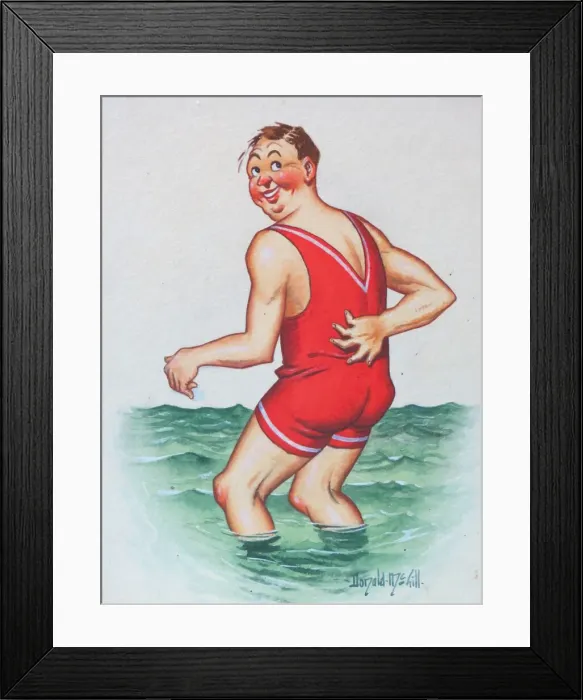 Framed Print : Comic postcard, Man paddling in the sea Framed Print : Comic postcard, Man paddling in the sea