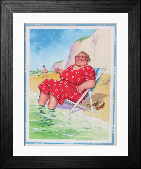 Framed Print : Comic postcard, Plump woman in a deckchair. Come down here and soak your corns with mine Framed Print : Comic postcard, Plump woman in a deckchair. Come down here and soak your corns with mine