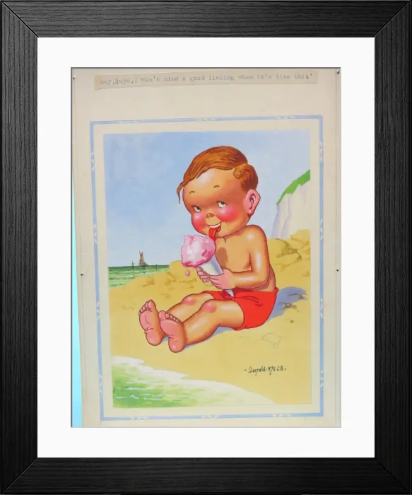 Framed Print : Comic postcard, Little boy with ice cream on the beach Framed Print : Comic postcard, Little boy with ice cream on the beach