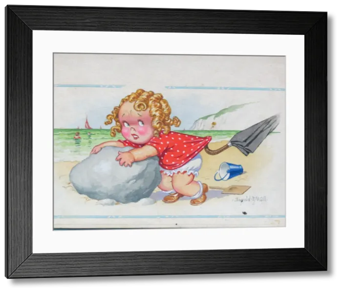 Framed Print : Comic postcard, Little girl clinging to rock on the beach. I don t want to leave Framed Print : Comic postcard, Little girl clinging to rock on the beach. I don t want to leave