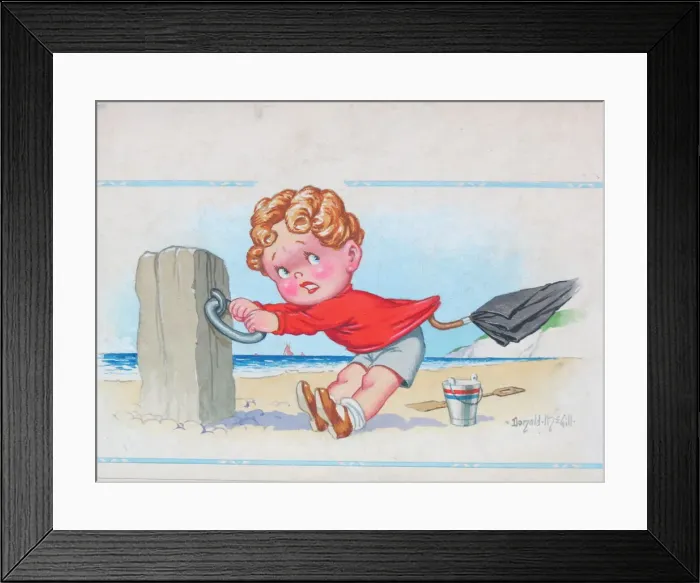 Framed Print : Comic postcard, Little boy clinging to post on the beach Framed Print : Comic postcard, Little boy clinging to post on the beach