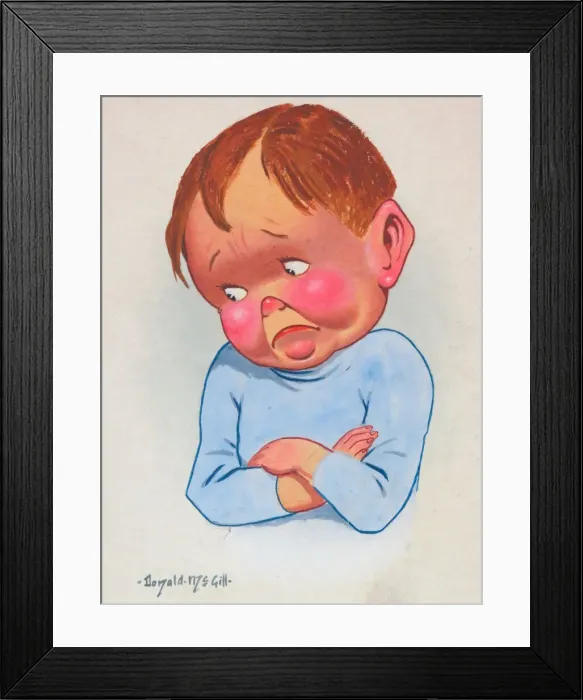Framed Print : Comic postcard, Little boy looking sad Framed Print : Comic postcard, Little boy looking sad