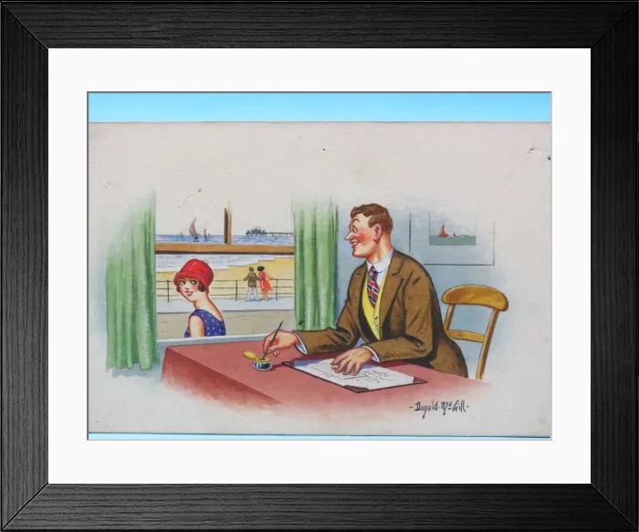 Framed Print : Comic postcard, Man sees a pretty woman on arrival at the seaside. Just arrived Framed Print : Comic postcard, Man sees a pretty woman on arrival at the seaside. Just arrived