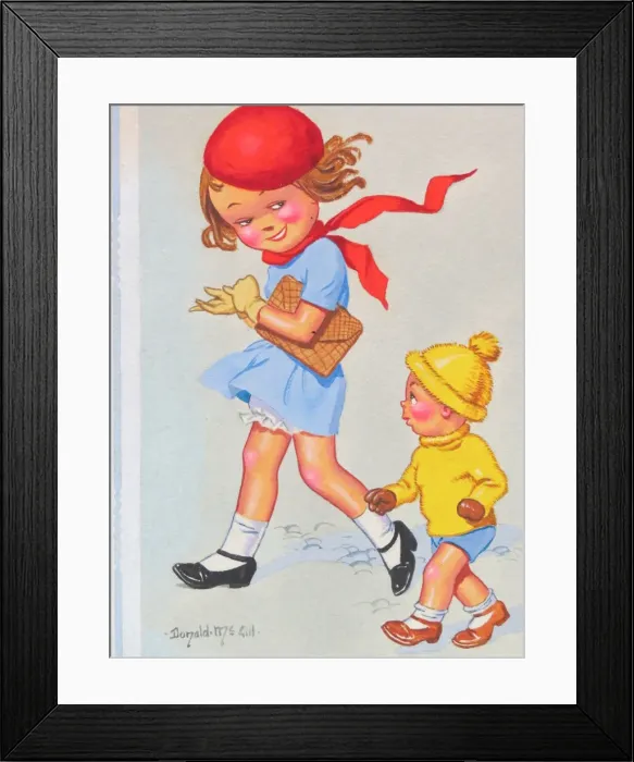 Framed Print : Comic postcard, Little boy and girl out walking. With love from me and my boy friend Framed Print : Comic postcard, Little boy and girl out walking. With love from me and my boy friend