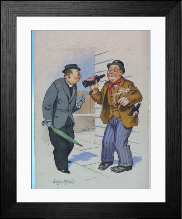 Framed Print : Comic postcard, Drinking man and vicar Framed Print : Comic postcard, Drinking man and vicar