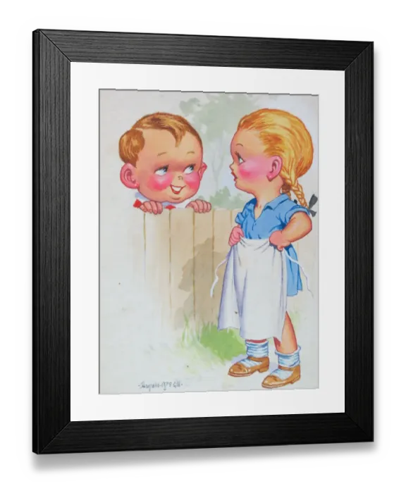 Framed Print : Comic postcard, Little boy and girl chat over the garden fence Framed Print : Comic postcard, Little boy and girl chat over the garden fence