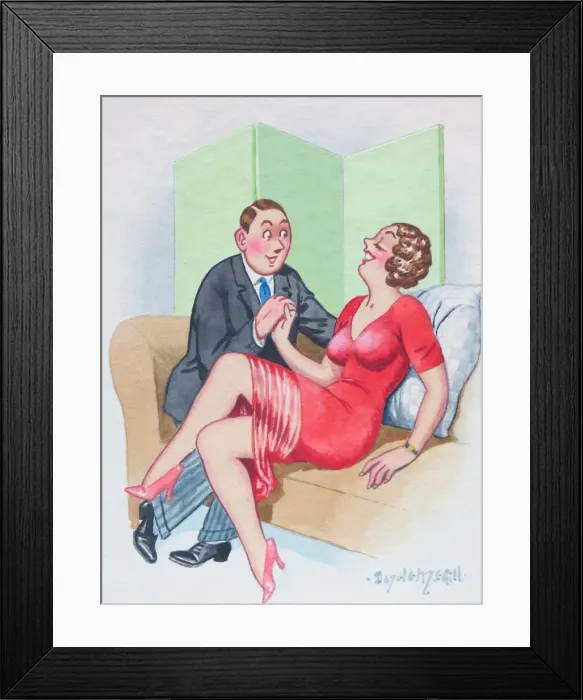 Framed Print : Comic postcard, Couple on a sofa Framed Print : Comic postcard, Couple on a sofa
