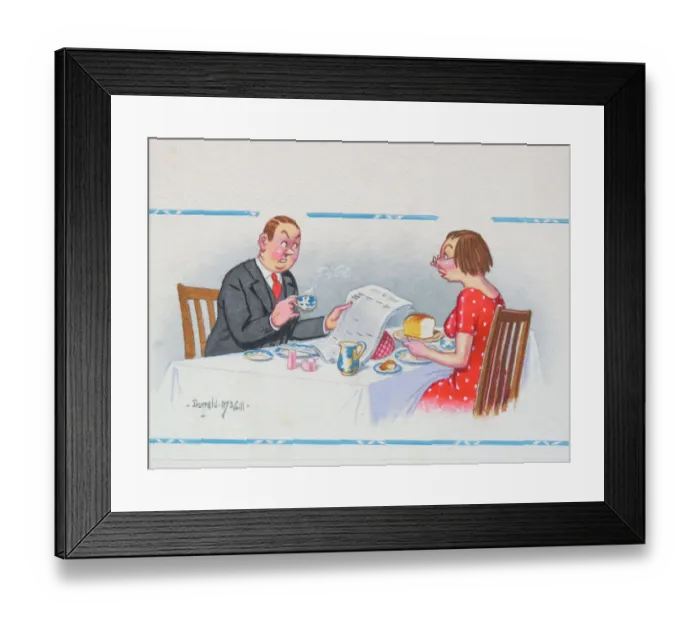 Framed Print : Comic postcard, Couple at the breakfast table Framed Print : Comic postcard, Couple at the breakfast table