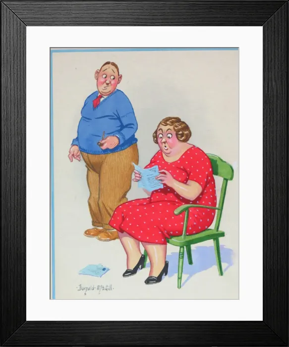 Framed Print : Comic postcard, Couple with uncles letter Framed Print : Comic postcard, Couple with uncles letter