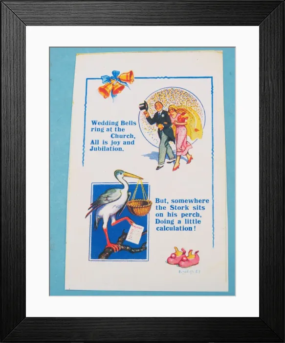 Framed Print : Comic postcard, Couple getting married Framed Print : Comic postcard, Couple getting married