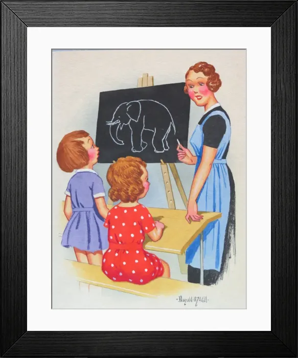 Framed Print : Comic postcard, Two little girls and teacher Framed Print : Comic postcard, Two little girls and teacher
