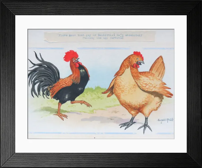 Framed Print : Comic postcard, Cockerel and hen Framed Print : Comic postcard, Cockerel and hen
