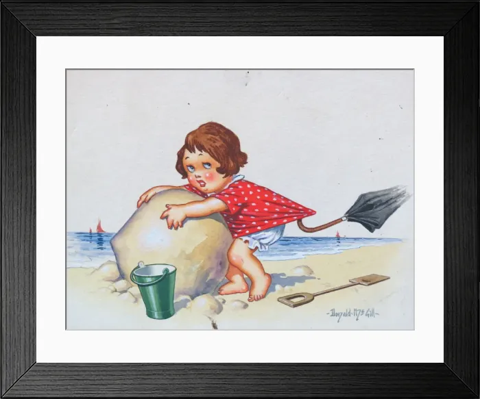Framed Print : Comic postcard, Little girl clinging to rock on the beach Framed Print : Comic postcard, Little girl clinging to rock on the beach