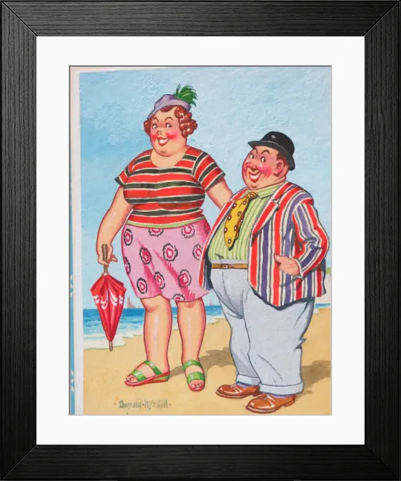 Framed Print : Comic postcard, Colourful couple on the beach Framed Print : Comic postcard, Colourful couple on the beach