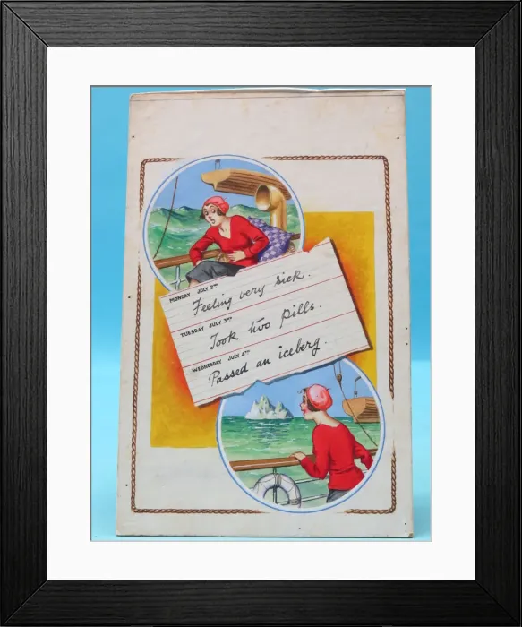 Framed Print : Comic postcard, Young woman on board ship Framed Print : Comic postcard, Young woman on board ship