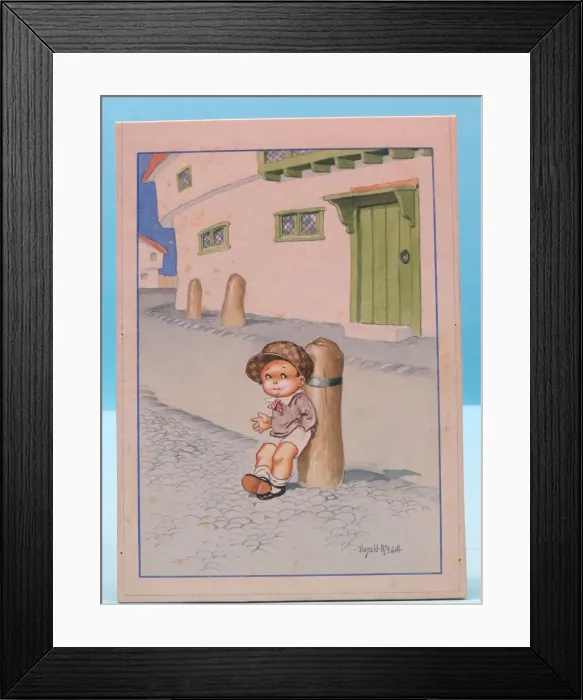 Framed Print : Comic postcard, Little boy waiting for his girlfriend. Date: 20th century Framed Print : Comic postcard, Little boy waiting for his girlfriend. Date: 20th century