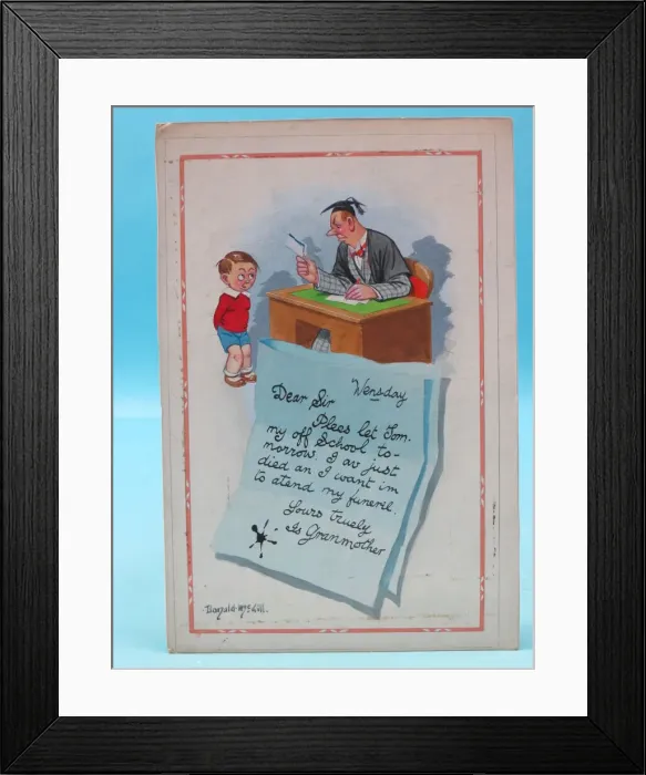 Framed Print : Comic postcard, Little boy and teacher - a forged letter! Date: 20th century Framed Print : Comic postcard, Little boy and teacher - a forged letter! Date: 20th century