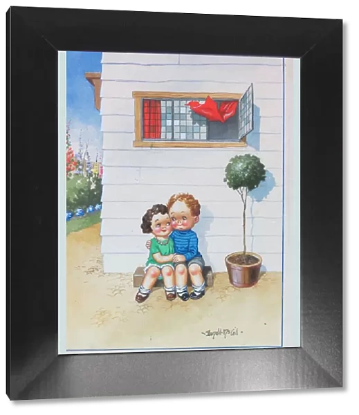 Comic postcard, Little boy and girl in love. Someone I love - loves me