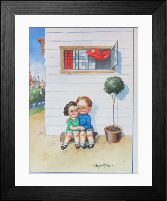 Framed Print : Comic postcard, Little boy and girl in love. Someone I love - loves me Framed Print : Comic postcard, Little boy and girl in love. Someone I love - loves me
