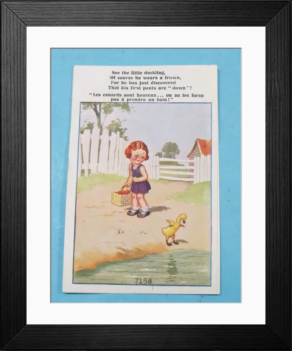 Framed Print : Comic postcard, Little girl and duckling. See the little duckling Framed Print : Comic postcard, Little girl and duckling. See the little duckling