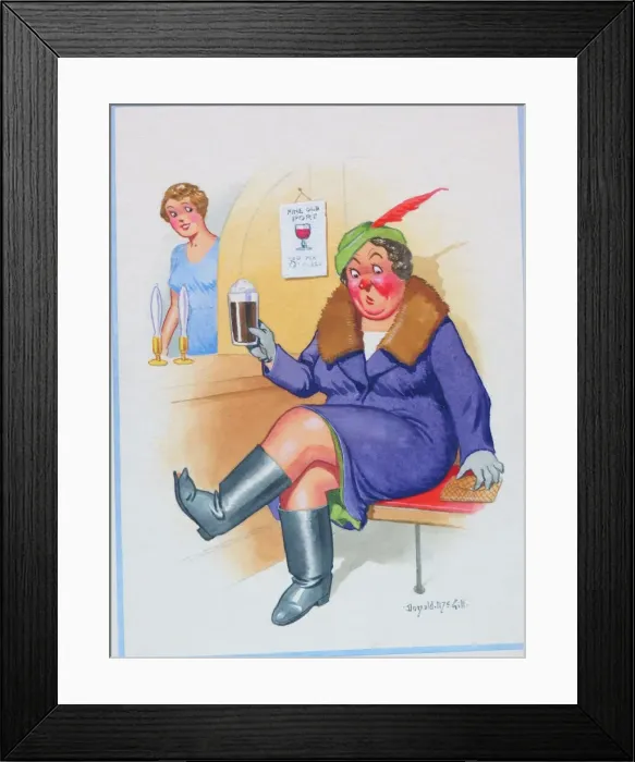 Framed Print : Comic postcard, Woman drinking in a pub Framed Print : Comic postcard, Woman drinking in a pub