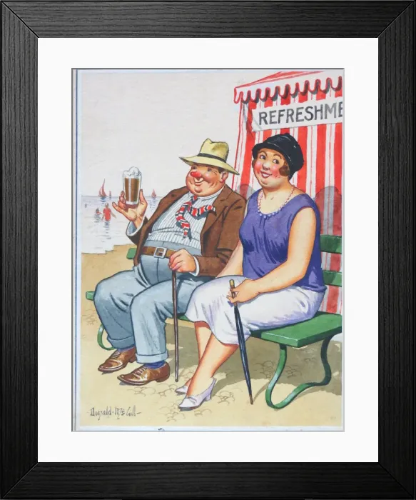 Framed Print : Comic postcard, Couple sitting on the beach Framed Print : Comic postcard, Couple sitting on the beach
