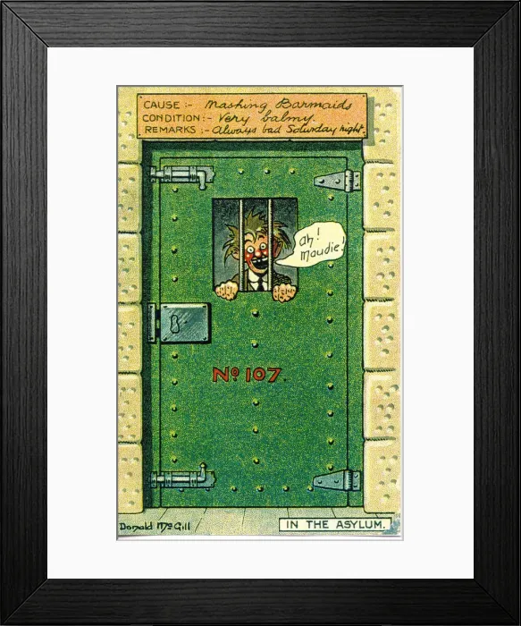 Framed Print : Comic postcard, Man behind bars. In the Asylum - mashing barmaids. Date: 20th century Framed Print : Comic postcard, Man behind bars. In the Asylum - mashing barmaids. Date: 20th century