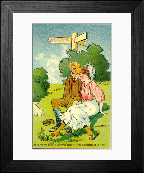Framed Print : Comic postcard, Courting couple in the countryside Date: 20th century Framed Print : Comic postcard, Courting couple in the countryside Date: 20th century