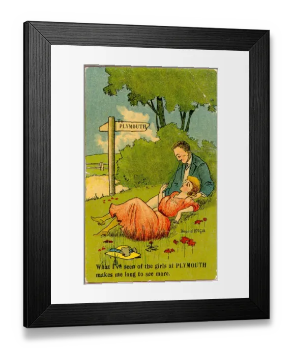 Framed Print : Comic postcard, Courting couple in the countryside Framed Print : Comic postcard, Courting couple in the countryside