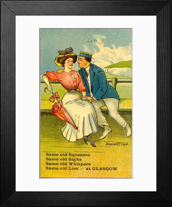 Framed Print : Comic postcard, Courting couple at the seaside Date: 20th century Framed Print : Comic postcard, Courting couple at the seaside Date: 20th century