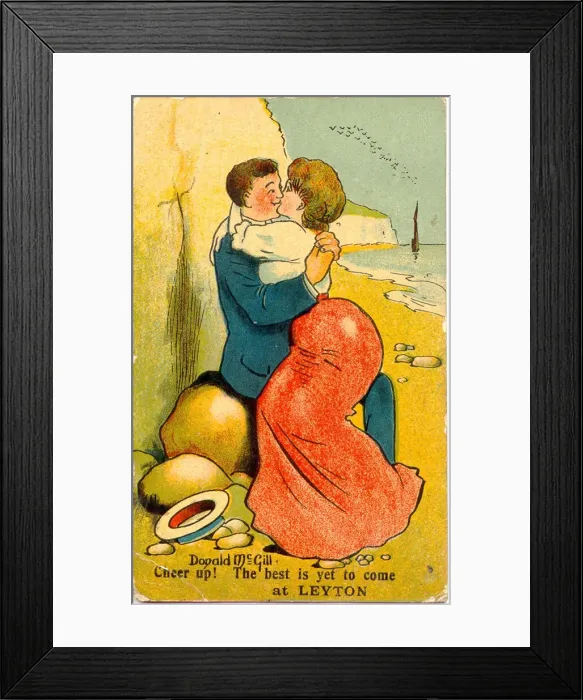 Framed Print : Comic postcard, Courting couple on the beach Date: 20th century Framed Print : Comic postcard, Courting couple on the beach Date: 20th century