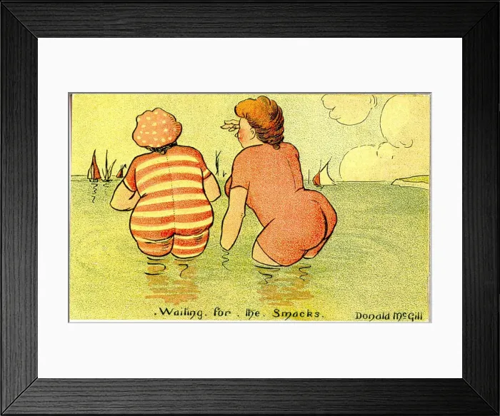 Framed Print : Comic postcard, Two women in the sea - waiting for the smacks. Date: 20th century Framed Print : Comic postcard, Two women in the sea - waiting for the smacks. Date: 20th century
