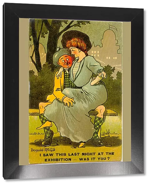 Comic postcard, Courting couple in a park at night Date: 20th century