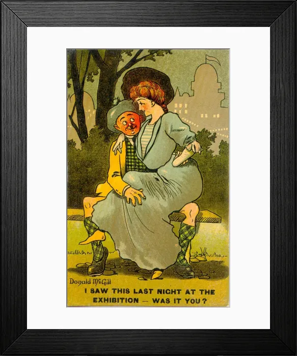 Framed Print : Comic postcard, Courting couple in a park at night Date: 20th century Framed Print : Comic postcard, Courting couple in a park at night Date: 20th century