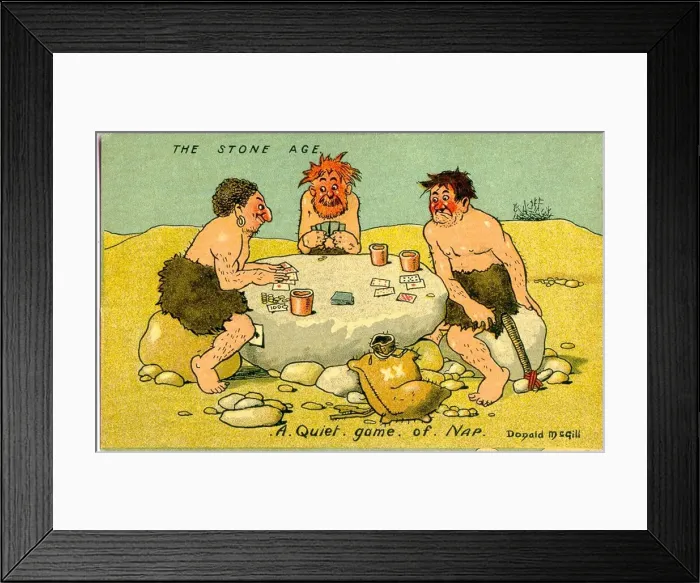 Framed Print : Comic postcard, Three Stone Age men - A quiet game of Nap. Date: 20th century Framed Print : Comic postcard, Three Stone Age men - A quiet game of Nap. Date: 20th century