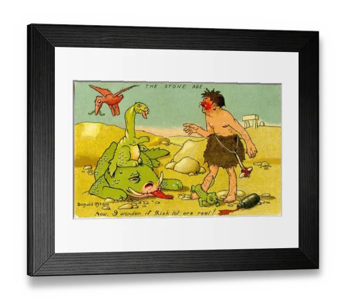 Framed Print : Comic postcard, Drunken Stone Age man with prehistoric animals Date: 20th century Framed Print : Comic postcard, Drunken Stone Age man with prehistoric animals Date: 20th century
