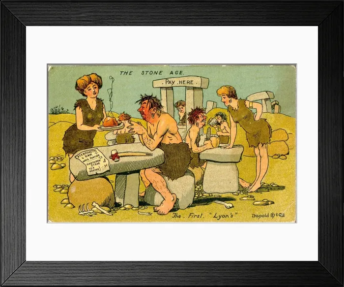 Framed Print : Comic postcard, Stone Age Lyons Cafe Date: 20th century Framed Print : Comic postcard, Stone Age Lyons Cafe Date: 20th century
